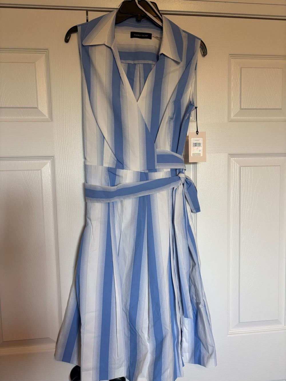 Ivanka Trump Blue & White Sleeveless Striped Wrap Midi Dress